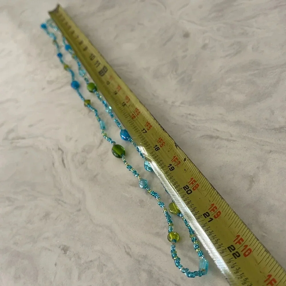 Beaded long necklace glass blue green boho casual